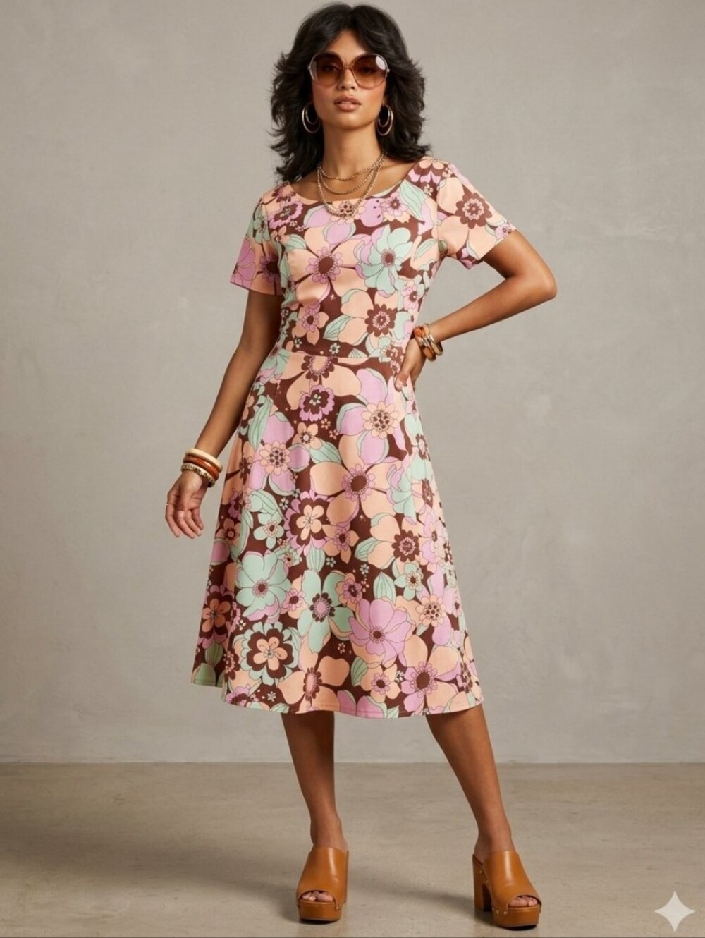 Eva Rose Retro 70s Floral Dress, Size XL